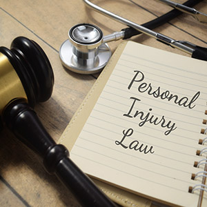 Stethoscope, gavel, and Personal Injury Law notebook for New York accident reports.